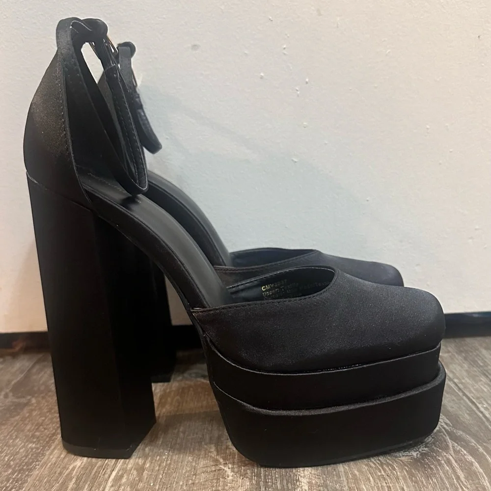 PrettyLittleThing Black Satin Square Toe Double Platform Heeled Sandals